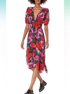 The Kooples Silk Floral Midi Dress | Worn on TV | Pink Red Print | Size 2